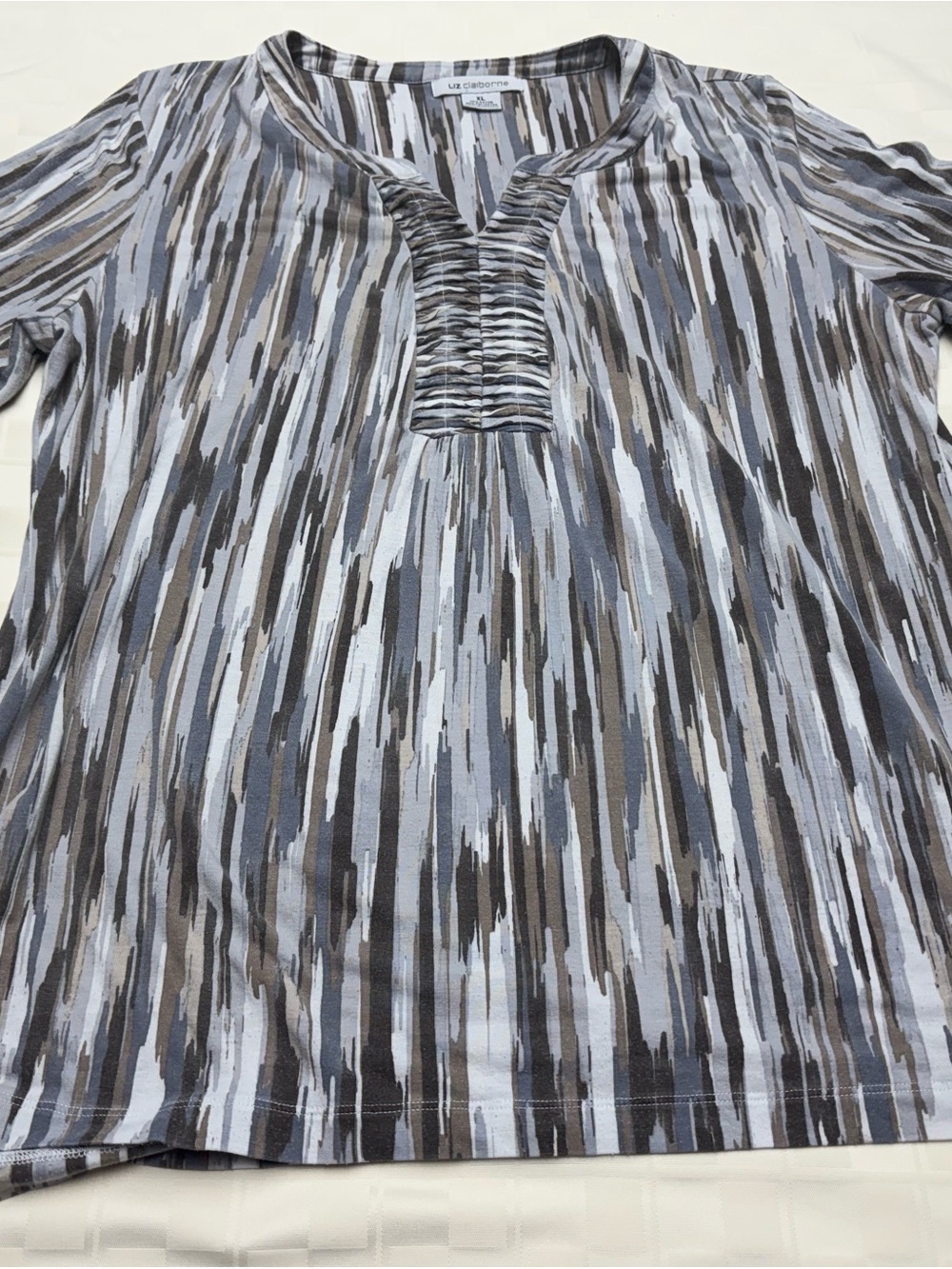 Liz Claiborne Gray, Taupe & White Striped Henley Blouse